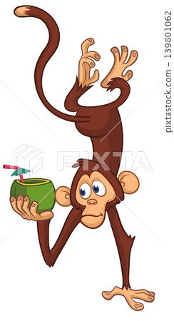 Cartoon funny monkey chimpanzee holding green coconut cocktail and hanging upside down. Vector illustration Cartoon funny monkey chimpanzee holding green coconut cocktail and hanging upside down. Vector illustration 139801062