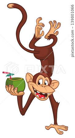 Cartoon funny monkey chimpanzee holding green coconut cocktail and hanging upside down. Vector illustration Cartoon funny monkey chimpanzee holding green coconut cocktail and hanging upside down. Vector illustration 139801066