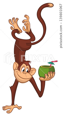 Cartoon funny monkey chimpanzee holding green coconut cocktail and hanging upside down. Vector illustration Cartoon funny monkey chimpanzee holding green coconut cocktail and hanging upside down. Vector illustration 139801067