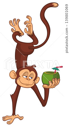 Cartoon funny monkey chimpanzee holding green coconut cocktail and hanging upside down. Vector illustration Cartoon funny monkey chimpanzee holding green coconut cocktail and hanging upside down. Vector illustration 139801069