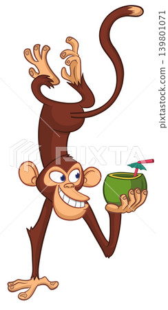Cartoon funny monkey chimpanzee holding green coconut cocktail and hanging upside down. Vector illustration Cartoon funny monkey chimpanzee holding green coconut cocktail and hanging upside down. Vector illustration 139801071