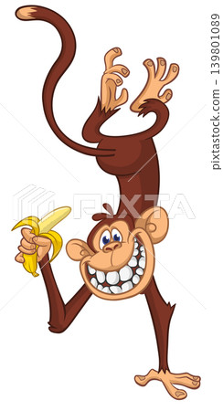 Cartoon funny monkey chimpanzee with banana in his hand. Vector illustration isolated on white Cartoon funny monkey chimpanzee with banana in his hand. Vector illustration isolated on white 139801089