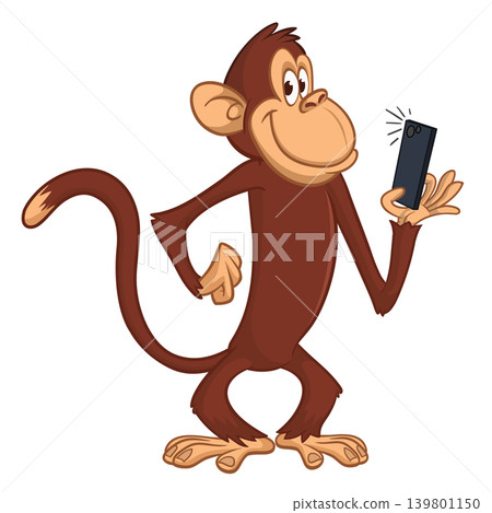Cartoon funny monkey chimpanzee making selfie with the smartphone. Vector illustration isolated on white Cartoon funny monkey chimpanzee making selfie with the smartphone. Vector illustration isolated on white 139801150