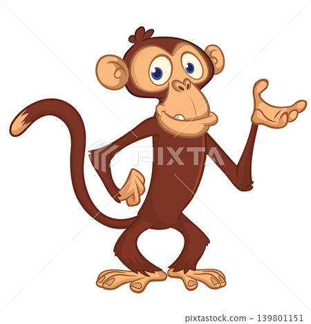 Cartoon funny brown monkey chimpanzee standing. Vector illustration isolated on white Cartoon funny brown monkey chimpanzee standing. Vector illustration isolated on white 139801151