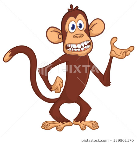 Cartoon funny brown monkey chimpanzee standing. Vector illustration isolated on white Cartoon funny brown monkey chimpanzee standing. Vector illustration isolated on white 139801170