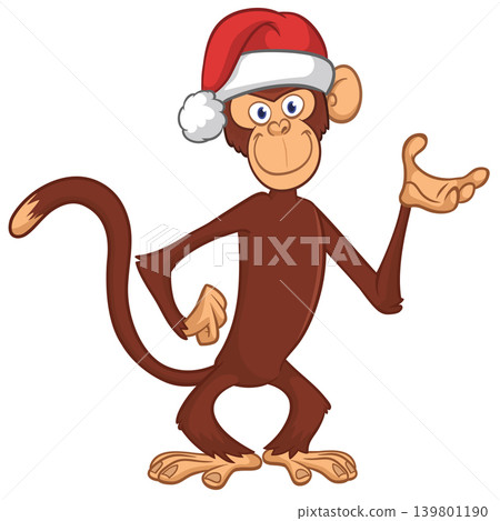Cartoon funny brown monkey chimpanzee wearing Santa hat. Vector illustration for Christmas or New Year party Cartoon funny brown monkey chimpanzee wearing Santa hat. Vector illustration for Christmas or New Year party 139801190