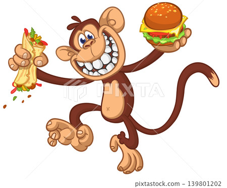 Cartoon funny monkey chimpanzee holding hamburger or cheeseburger or falafel in his hands. Vector illustration of happy monkey character design isolated. Cartoon funny monkey chimpanzee holding hamburger or cheeseburger or falafel in his hands. Vector illustration of happy monkey character design isolated. 139801202