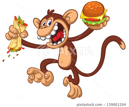Cartoon funny monkey chimpanzee holding hamburger or cheeseburger or falafel in his hands. Vector illustration of happy monkey character design isolated. 139801204
