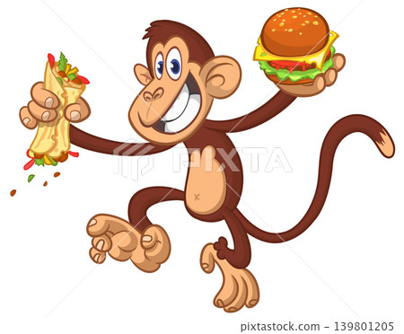 Cartoon funny monkey chimpanzee holding hamburger or cheeseburger or falafel in his hands. Vector illustration of happy monkey character design isolated. Cartoon funny monkey chimpanzee holding hamburger or cheeseburger or falafel in his hands. Vector illustration of happy monkey character design isolated. 139801205
