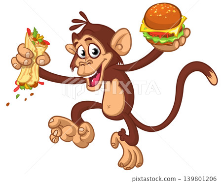 Cartoon funny monkey chimpanzee holding hamburger or cheeseburger or falafel in his hands. Vector illustration of happy monkey character design isolated. Cartoon funny monkey chimpanzee holding hamburger or cheeseburger or falafel in his hands. Vector illustration of happy monkey character design isolated. 139801206