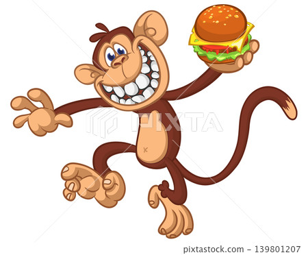 Cartoon funny monkey chimpanzee holding hamburger or cheeseburger or falafel in his hands. Vector illustration of happy monkey character design isolated. Cartoon funny monkey chimpanzee holding hamburger or cheeseburger or falafel in his hands. Vector illustration of happy monkey character design isolated. 139801207