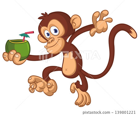 Cartoon funny monkey chimpanzee holding green coconut cocktail. Vector illustration isolated on white Cartoon funny monkey chimpanzee holding green coconut cocktail. Vector illustration isolated on white 139801221