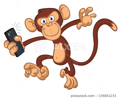 Cartoon funny monkey chimpanzee making selfie with the smartphone. Vector illustration isolated on white Cartoon funny monkey chimpanzee making selfie with the smartphone. Vector illustration isolated on white 139801233