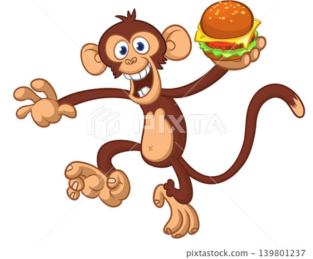 Cartoon funny monkey chimpanzee holding hamburger or cheeseburger or falafel in his hands. Vector illustration of happy monkey character design isolated. Cartoon funny monkey chimpanzee holding hamburger or cheeseburger or falafel in his hands. Vector illustration of happy monkey character design isolated. 139801237