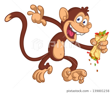 Cartoon funny brown monkey chimpanzee jumping or dancing. Vector illustration isolated on white Cartoon funny brown monkey chimpanzee jumping or dancing. Vector illustration isolated on white 139801238