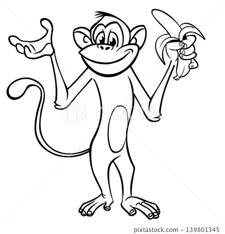 Cartoon funny monkey chimpanzee outlined. Vector illustration 139801345
