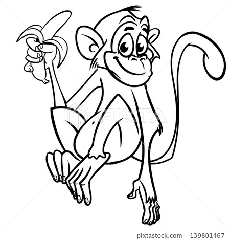 Cartoon funny monkey chimpanzee outlined. Vector illustration 139801467