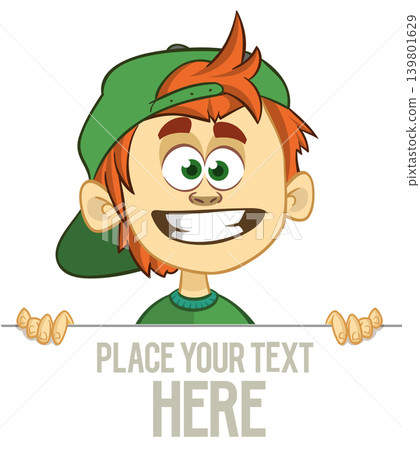 Cute cartoon boy child holding blank paper or advertisement board for text. Vector illustration 139801629