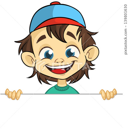 Cute cartoon boy child holding blank paper or advertisement board for text. Vector illustration Cute cartoon boy child holding blank paper or advertisement board for text. Vector illustration 139801630
