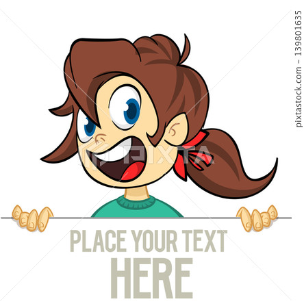 Cute cartoon girl child holding blank paper or advertisement board for text. Vector illustration Cute cartoon girl child holding blank paper or advertisement board for text. Vector illustration 139801635