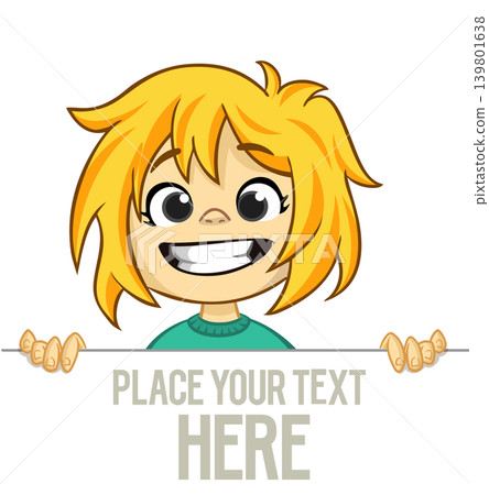 Cute cartoon girl child holding blank paper or advertisement board for text. Vector illustration 139801638