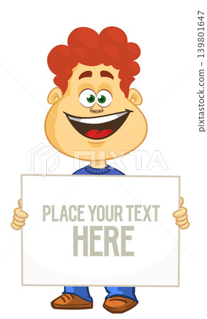 Cute cartoon boy child holding blank paper or advertisement board for text. Vector illustration 139801647