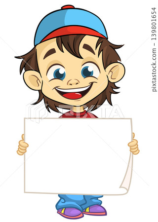 Cute cartoon boy child holding blank paper or advertisement board for text. Vector illustration Cute cartoon boy child holding blank paper or advertisement board for text. Vector illustration 139801654