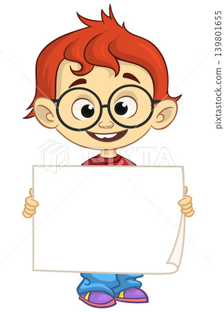 Cute cartoon boy child holding blank paper or advertisement board for text. Vector illustration Cute cartoon boy child holding blank paper or advertisement board for text. Vector illustration 139801655