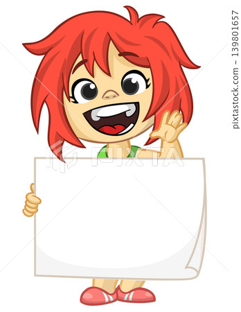 Cute cartoon girl child holding blank paper or advertisement board for text. Vector illustration Cute cartoon girl child holding blank paper or advertisement board for text. Vector illustration 139801657