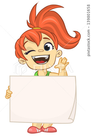 Cute cartoon girl child holding blank paper or advertisement board for text. Vector illustration Cute cartoon girl child holding blank paper or advertisement board for text. Vector illustration 139801658