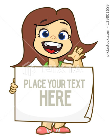 Cute cartoon girl child holding blank paper or advertisement board for text. Vector illustration Cute cartoon girl child holding blank paper or advertisement board for text. Vector illustration 139801659
