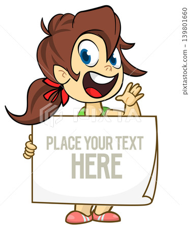 Cute cartoon girl child holding blank paper or advertisement board for text. Vector illustration 139801660