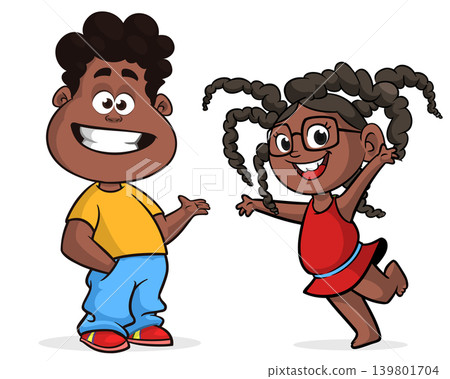 Cute little afro-american or arab boy and girl couple. Vector cartoon 139801704