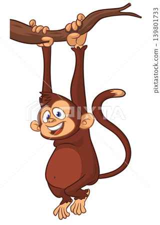 Cartoon funny brown monkey chimpanzee hanging from the wood branch. Vector illustration isolated on white 139801733