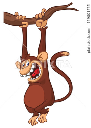 Cartoon funny brown monkey chimpanzee hanging from the wood branch. Vector illustration isolated on white Cartoon funny brown monkey chimpanzee hanging from the wood branch. Vector illustration isolated on white 139801735