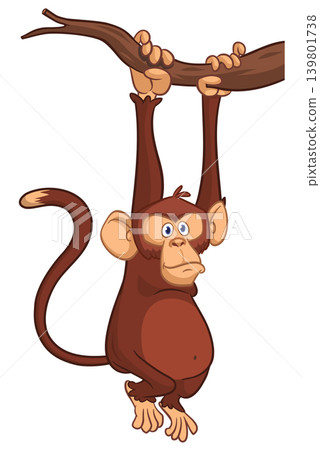 Cartoon funny brown monkey chimpanzee hanging from the wood branch. Vector illustration isolated on white Cartoon funny brown monkey chimpanzee hanging from the wood branch. Vector illustration isolated on white 139801738