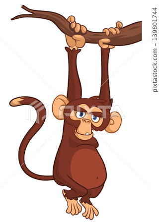 Cartoon funny brown monkey chimpanzee hanging from the wood branch. Vector illustration isolated on white Cartoon funny brown monkey chimpanzee hanging from the wood branch. Vector illustration isolated on white 139801744
