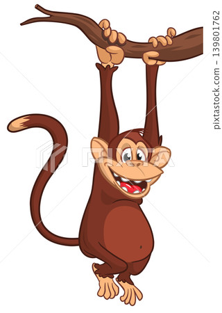 Cartoon funny brown monkey chimpanzee hanging from the wood branch. Vector illustration isolated on white Cartoon funny brown monkey chimpanzee hanging from the wood branch. Vector illustration isolated on white 139801762