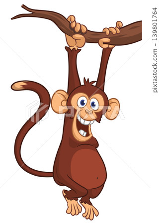 Cartoon funny brown monkey chimpanzee hanging from the wood branch. Vector illustration isolated on white 139801764