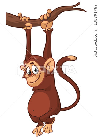 Cartoon funny brown monkey chimpanzee hanging from the wood branch. Vector illustration isolated on white Cartoon funny brown monkey chimpanzee hanging from the wood branch. Vector illustration isolated on white 139801765