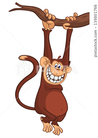 Cartoon funny brown monkey chimpanzee hanging from the wood branch. Vector illustration isolated on white Cartoon funny brown monkey chimpanzee hanging from the wood branch. Vector illustration isolated on white 139801766