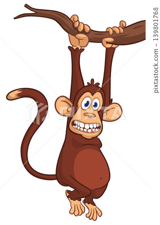 Cartoon funny brown monkey chimpanzee hanging from the wood branch. Vector illustration isolated on white Cartoon funny brown monkey chimpanzee hanging from the wood branch. Vector illustration isolated on white 139801768