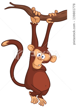 Cartoon funny brown monkey chimpanzee hanging from the wood branch. Vector illustration isolated on white Cartoon funny brown monkey chimpanzee hanging from the wood branch. Vector illustration isolated on white 139801778