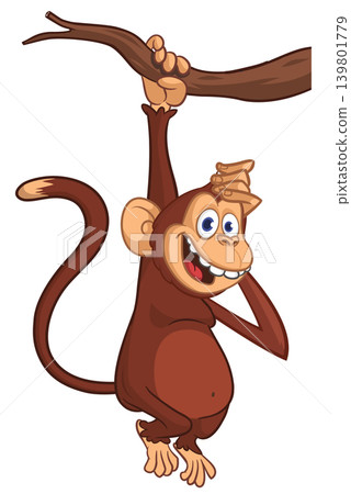 Cartoon funny brown monkey chimpanzee hanging from the wood branch. Vector illustration isolated on white Cartoon funny brown monkey chimpanzee hanging from the wood branch. Vector illustration isolated on white 139801779