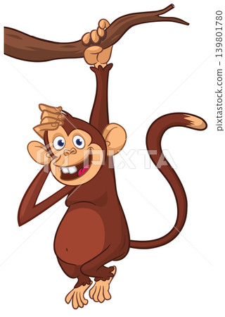 Cartoon funny brown monkey chimpanzee hanging from the wood branch. Vector illustration isolated on white 139801780