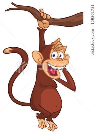 Cartoon funny brown monkey chimpanzee hanging from the wood branch. Vector illustration isolated on white Cartoon funny brown monkey chimpanzee hanging from the wood branch. Vector illustration isolated on white 139801781