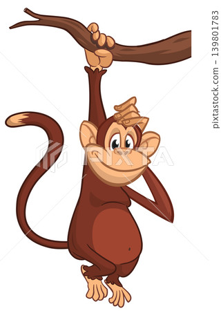Cartoon funny brown monkey chimpanzee hanging from the wood branch. Vector illustration isolated on white 139801783