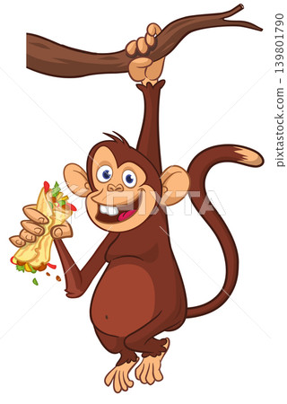Cartoon funny monkey chimpanzee holding falafel or kebab in his hands. Vector illustration of happy monkey character design isolated. Cartoon funny monkey chimpanzee holding falafel or kebab in his hands. Vector illustration of happy monkey character design isolated. 139801790
