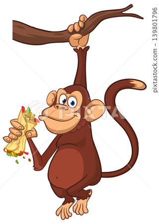 Cartoon funny monkey chimpanzee holding falafel or kebab in his hands. Vector illustration of happy monkey character design isolated. Cartoon funny monkey chimpanzee holding falafel or kebab in his hands. Vector illustration of happy monkey character design isolated. 139801796