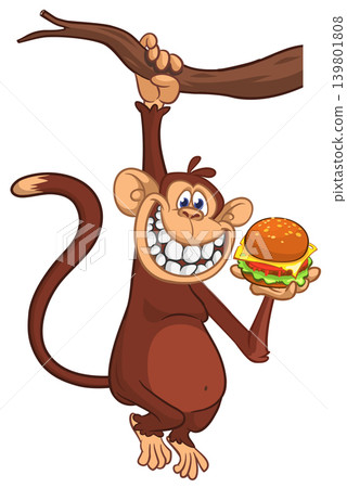 Cartoon funny monkey chimpanzee holding hamburger or cheeseburger in his hands. Vector illustration of happy monkey character design isolated. 139801808
